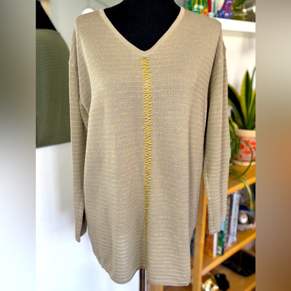 Vintage Escada V-neck Gold $ Tan Top Size 38 US M Gold Embroidered Detail Stripe